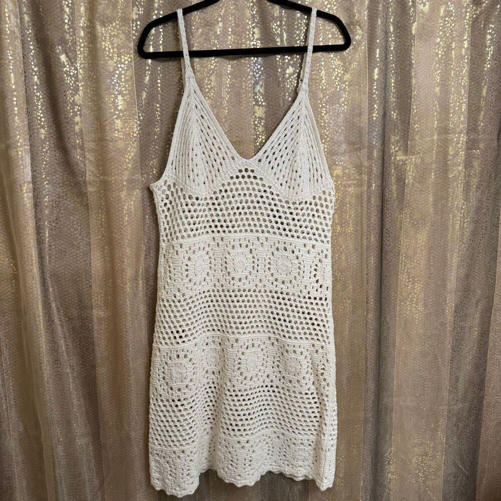 Aerie Party Coverup Knit Crochet Sheer Ivory Mini‎ Dress XL NWT